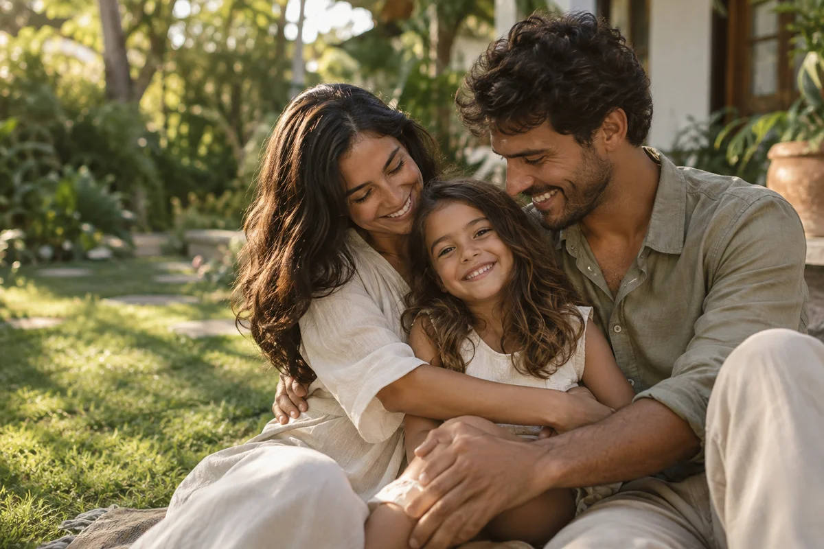Família aproveitando um momento de carinho ao ar livre
