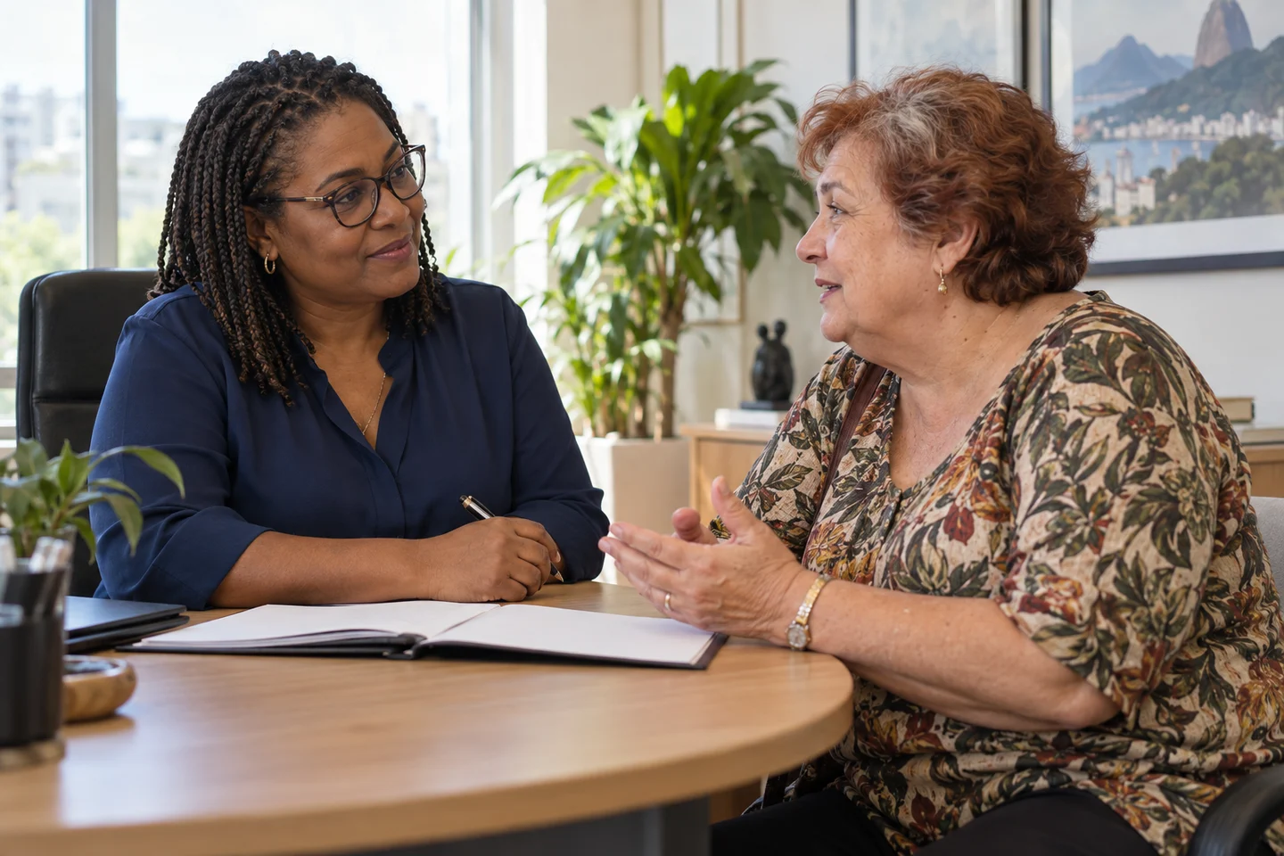 Consultora ouvindo uma cliente durante atendimento no escritório
