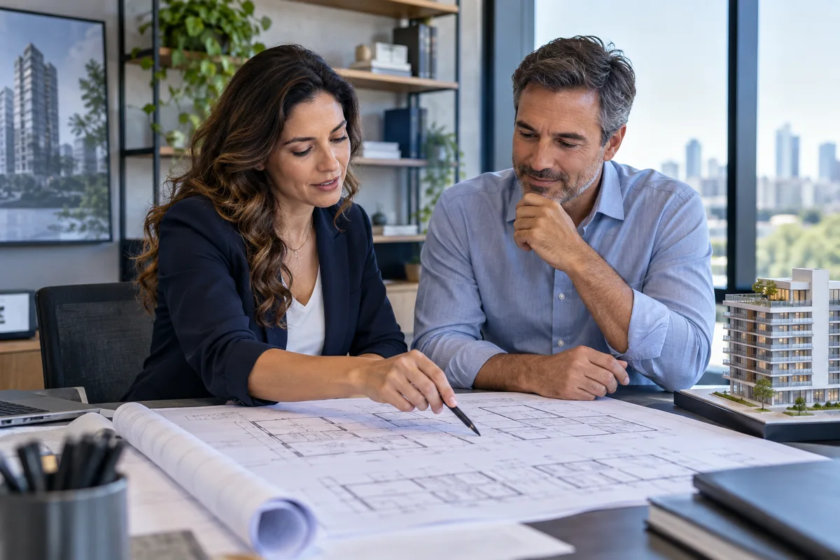 Arquiteto analisando um projeto com cliente no escritório